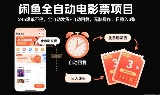 闲鱼全自动电影票项目，24h爆单不停，全自动发货+自动回复，无脑操作，日稳入3张【揭秘】-九零网创