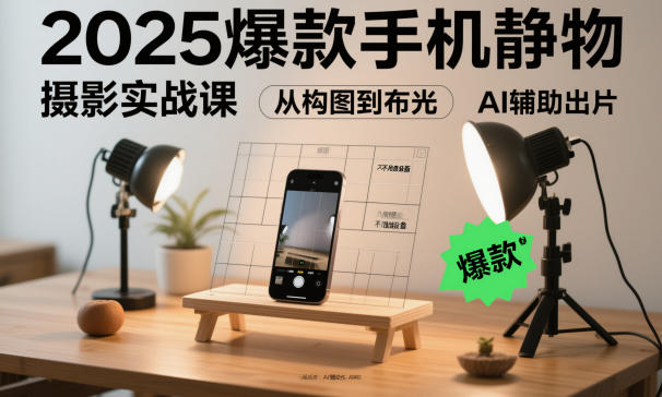 2025爆款手机静物摄影实战课，从构图到布光，不用贵设备，AI辅助出片-九零网创