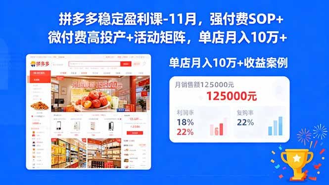 拼多多稳定盈利课-11月，强付费SOP+微付费高投产+活动矩阵，单店月入10w+-九零网创