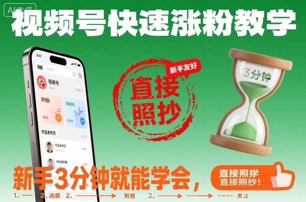 视频号快速涨粉教学，新手3分钟就能学会，直接照抄！-九零网创