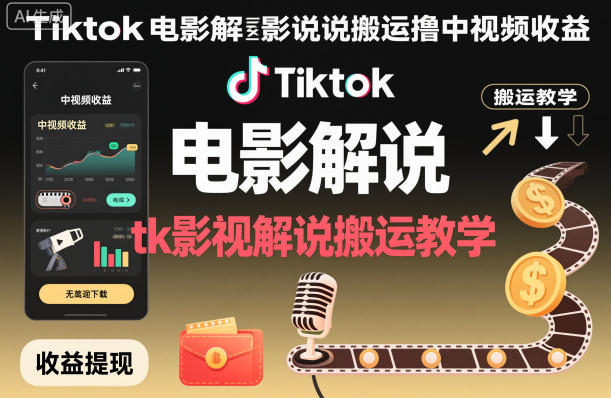 Tiktok电影解说搬运撸中视频收益，tk影视解说搬运教学-九零网创