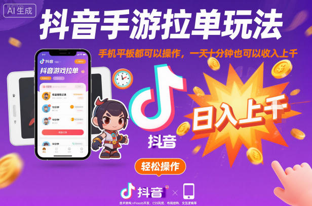 抖音手游拉单玩法，手机平板都可以操作，一天十分钟也可以收入上K【揭秘】-九零网创