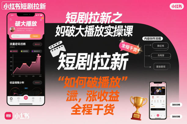 短剧拉新之小红书如何破大播放实操课，如何破播放，涨收益，全程干货-九零网创