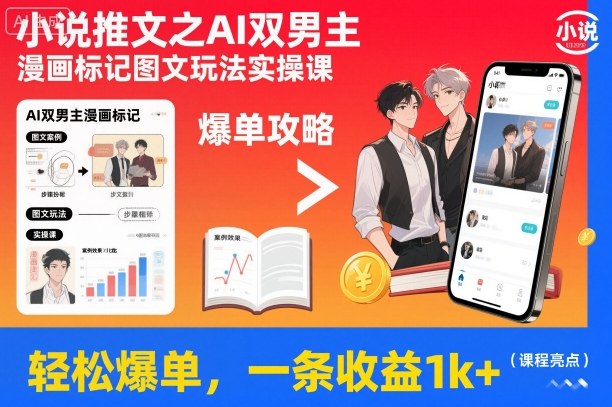小说推文之AI双男主漫画标记图文玩法实操课，轻松爆单，一条收益1k+-九零网创