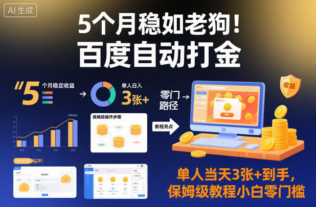 5个月稳如老狗！百度自动打金，单人当天3张+到手，保姆级教程小白零门槛【揭秘】-九零网创