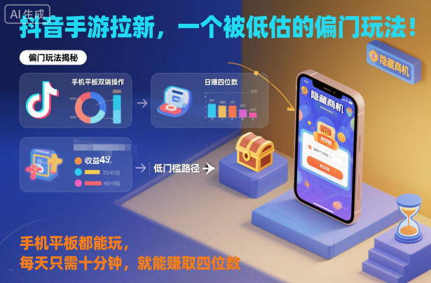 抖音手游拉新，一个被低估的偏门玩法！手机平板都能玩，每天只需十分钟，就能賺取四位数【揭秘】-九零网创