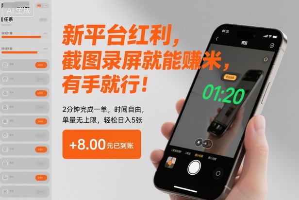 新平台红利，截图录屏就能賺米，有手就行！2分钟完成一单，时间自由，单量无上限，轻松日入5张【揭秘】-九零网创