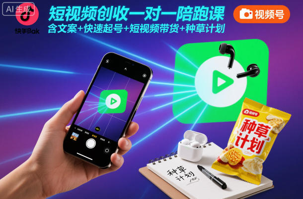 短视频创收一对一陪跑课，含文案+快速起号+短视频带货+种草计划-九零网创