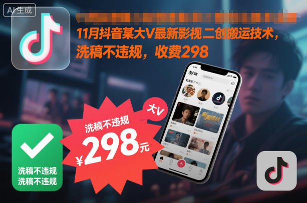 11月抖音某大V最新影视二创搬运技术，洗稿不违规，收费298-九零网创