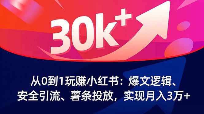 从0到1玩赚小红书：爆文逻辑、安全引流、薯条投放，实现月入3万+-九零网创