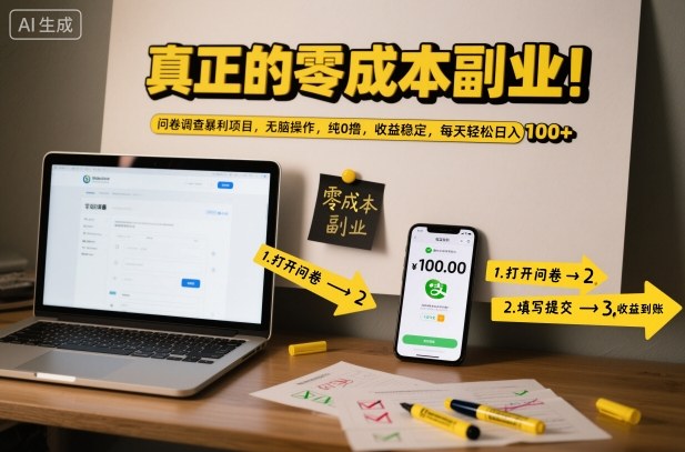 真正的零成本副业！问卷调查暴利项目，无脑操作，纯0撸，收益稳定，每天轻松日入100+【揭秘】-九零网创