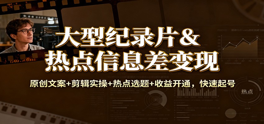 大型纪录片&热点信息差变现:原创文案+剪辑实操+热点选题+收益开通,快速起号-九零网创