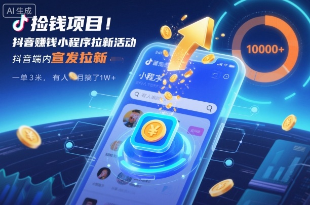 捡钱项目！抖音賺钱小程序拉新活动，抖音端内宣发拉新，一单3米，有人半个月搞了1W+-九零网创