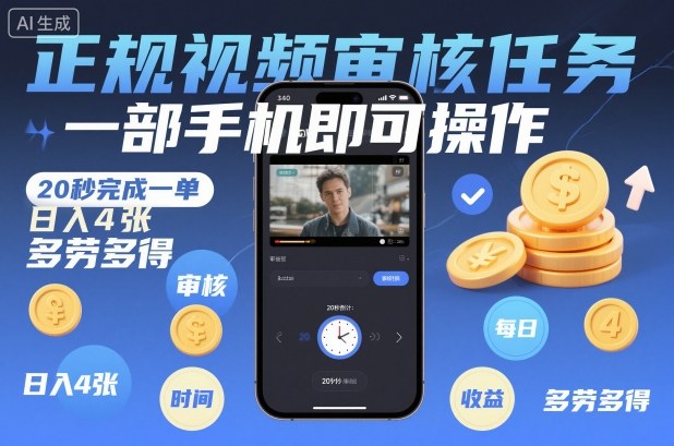 正规视频审核任务，一部手机即可操作，20秒完成一单，日入4张，多劳多得【揭秘】-九零网创