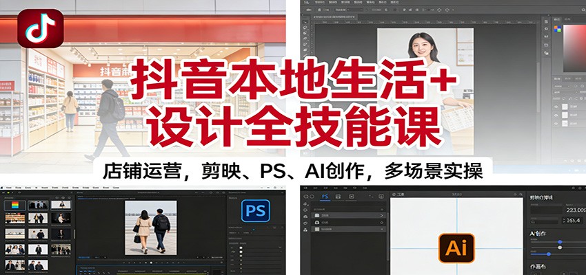 抖音本地生活+设计全技能课：店铺运营，剪映、PS、AI创作，多场景实操-九零网创