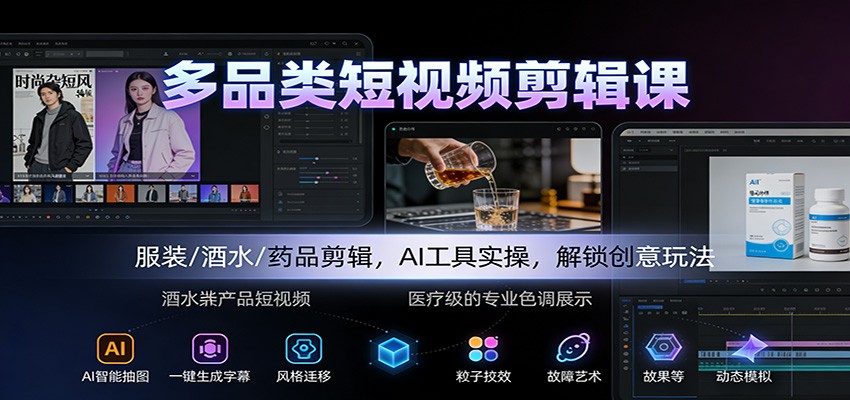 多品类短视频剪辑课:服装/酒水/药品剪辑,AI工具实操,解锁创意玩法-九零网创