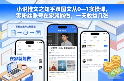 小说推文之知乎双图文从0—1实操课，零粉丝账号在家就能做，一天收益几张-九零网创