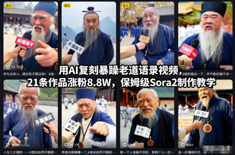 用AI复刻暴躁老道语录视频,21条作品涨粉8.8W,保姆级Sora2制作教学-九零网创
