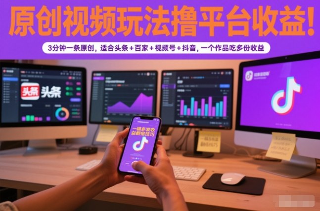 原创视频玩法撸平台收益，3分钟一条原创，适合头条+百家+视频号+抖音，一个作品吃多份收益-九零网创