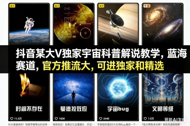 抖音某大V独家宇宙科普解说教学,蓝海赛道,官方推流大,可进独家和精选-九零网创