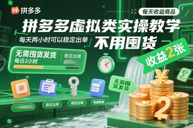 拼多多虚拟类实操教学，不用囤货、不用发货，每天两小时可以稳定出单，每天收益2张-九零网创