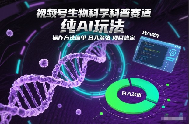 视频号生物科学科普赛道，纯AI玩法，操作方法简单，日入多张，项目稳定-九零网创