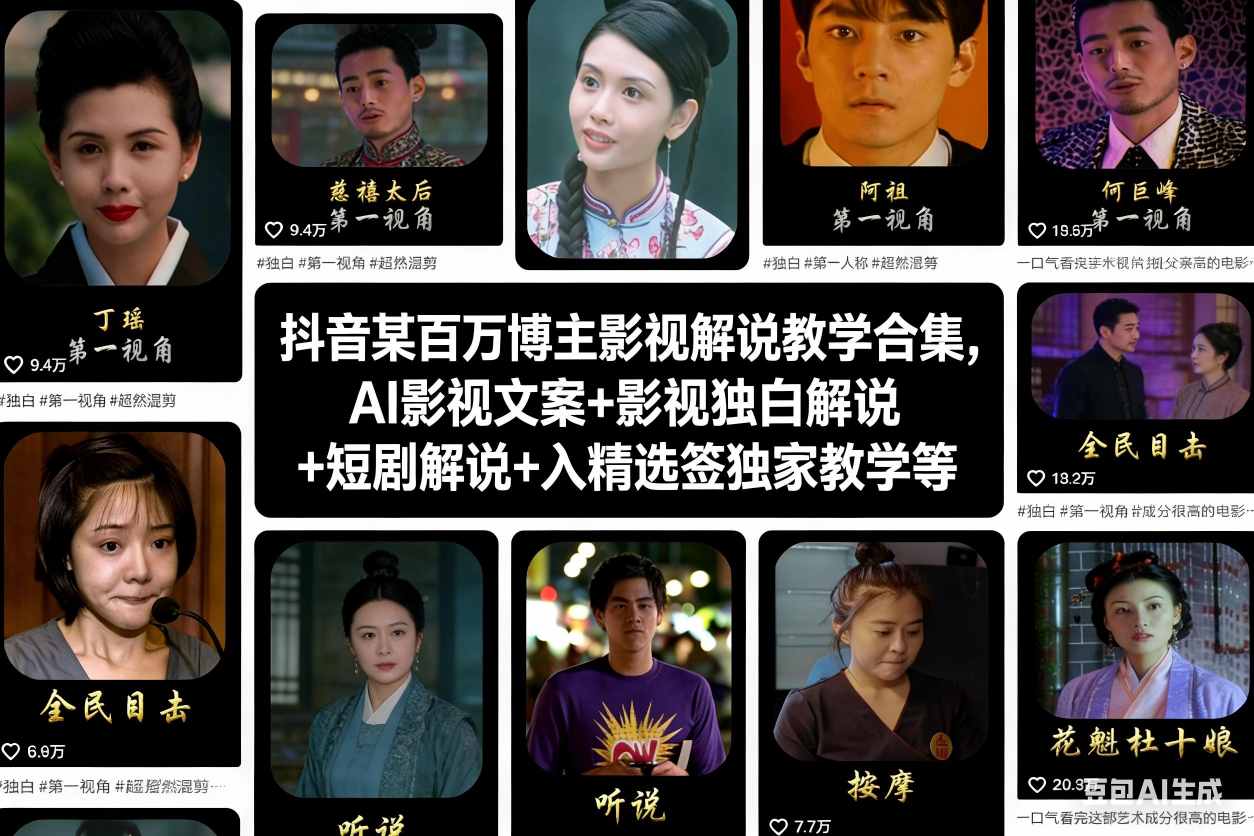 抖音某百万博主影视解说教学合集，AI影视文案+影视独白解说+短剧解说+入精选签独家教学等-九零网创