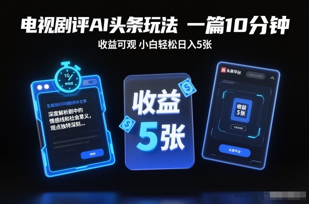 电视剧评AI头条玩法，一篇10分钟，收益可观，小白轻松日入5张+【独家】-九零网创