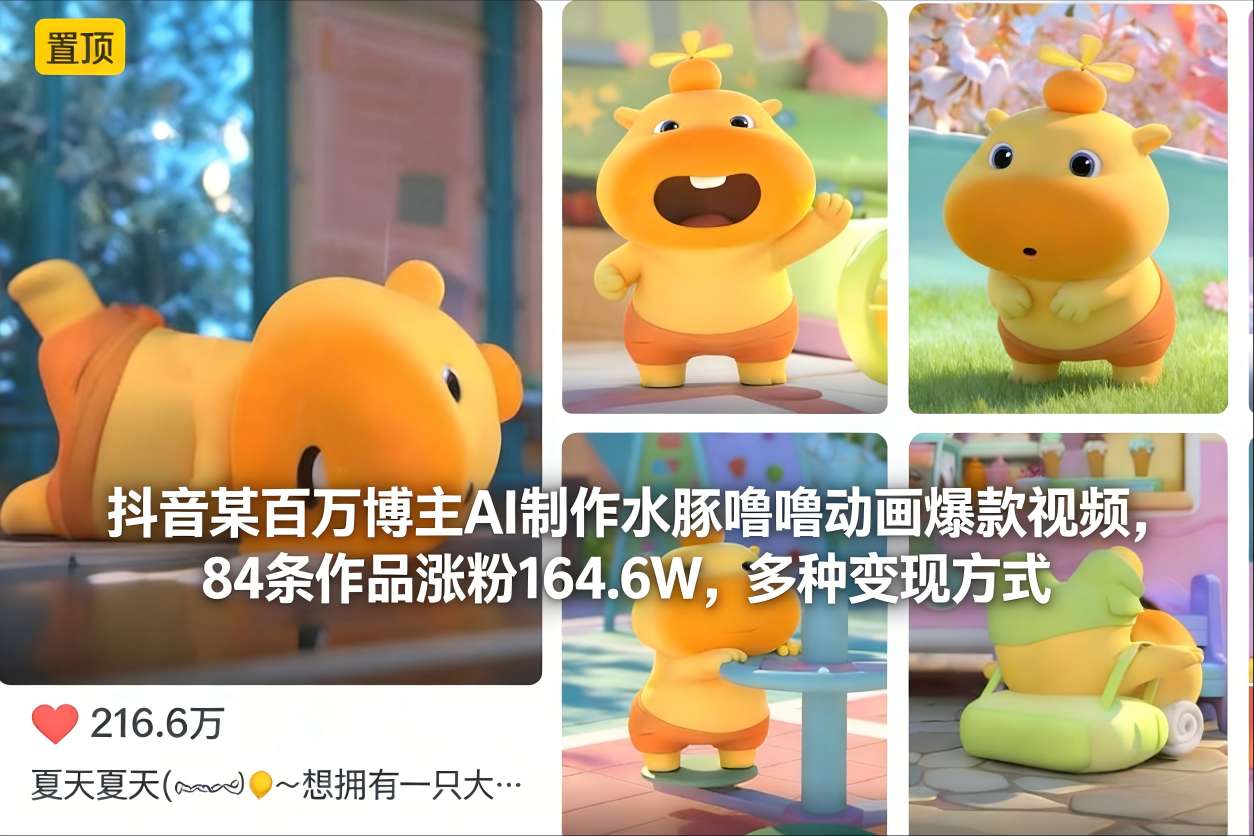 抖音某百万博主AI制作水豚噜噜动画爆款视频，84条作品涨粉164.6W，多种变现方式-九零网创