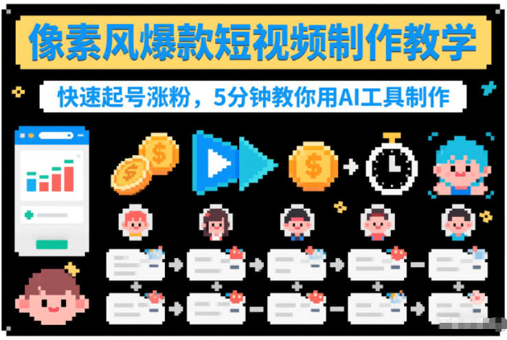 像素风爆款短视频制作教学，快速起号涨粉，5分钟教你用AI工具制作-九零网创
