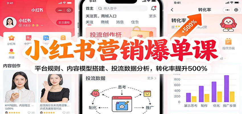 小红书营销爆单课:平台规则、内容模型搭建、投流数据分析,转化率提升500%-九零网创