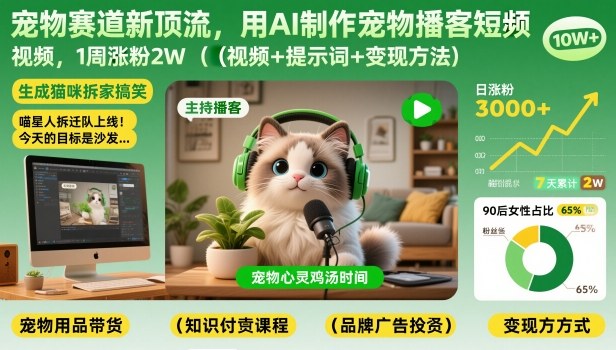 宠物赛道新顶流，用AI制作宠物播客短视频，1周涨粉2W(视频+提示词+变现方法)-九零网创