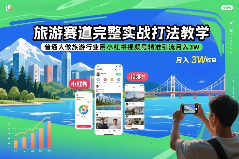旅游赛道完整实战打法教学，普通人做旅游行业用小红书视频号精准引流月入3W-九零网创