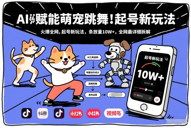 AI赋能萌宠跳舞，火爆全网，起号新玩法，条条播放量10W+，全网最详细拆解-九零网创