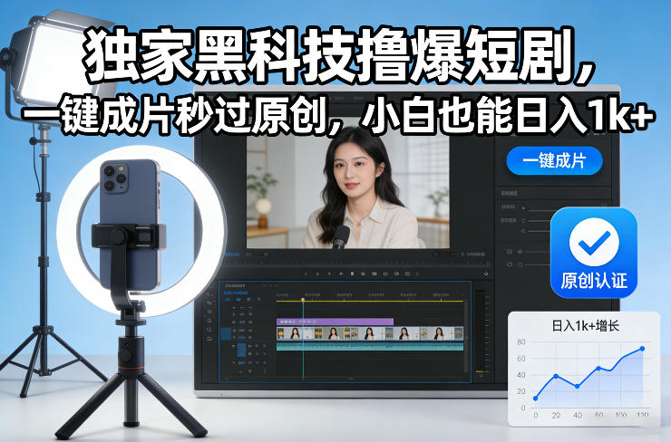 独家黑科技撸爆短剧，一键成片秒过原创，小白也能日入1k+【揭秘】-九零网创