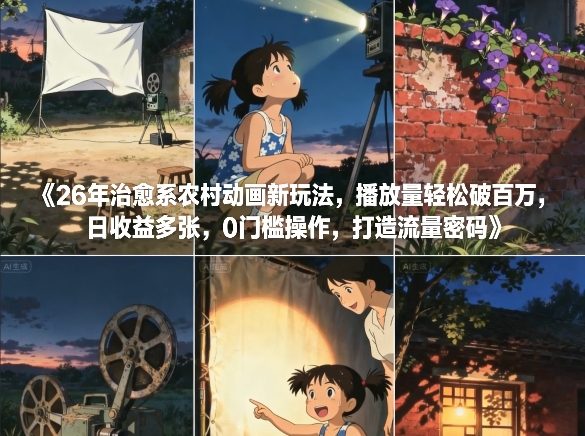 26年治愈系农村动画新玩法，播放量轻松破百万，日收益多张，0门槛操作，打造流量密码-九零网创