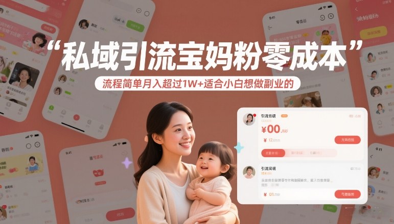 私域引流宝妈粉零成本流程简单月入超过1W+适合小白想做副业的-九零网创