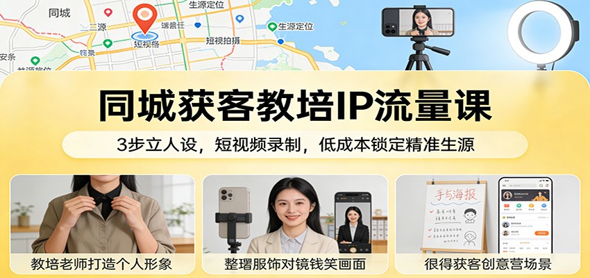 同城获客教培IP流量课：3步立人设，短视频录制，低成本锁定精准生源-九零网创