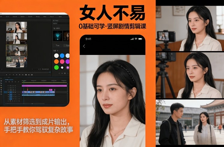 0基础可学！《女人不易》竖屏剧情剪辑课，从素材筛选到成片输出，手把手教你驾驭复杂故事-九零网创