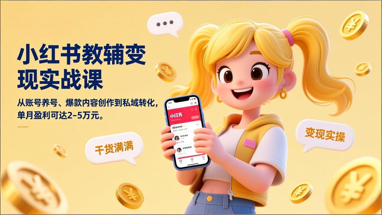 小红书教辅变现实战课，从账号养号、爆款内容创作到私域转化，单月盈利可达2-5万元-九零网创