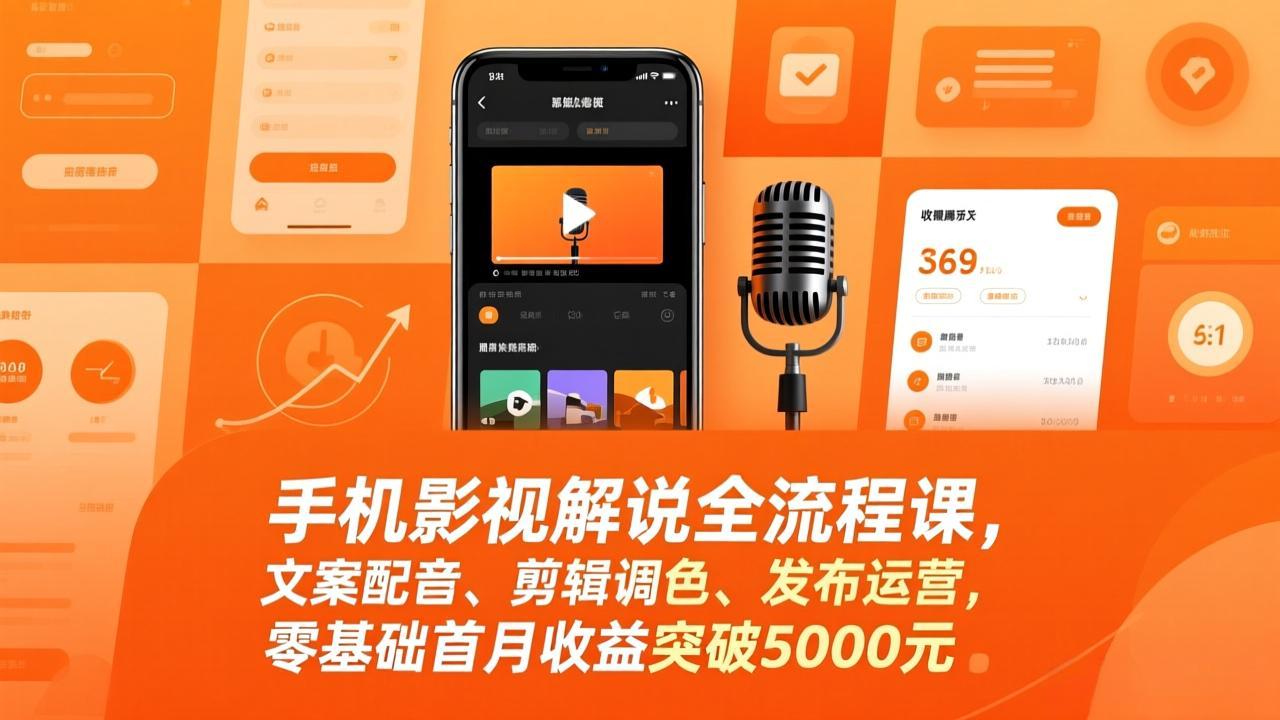 手机影视解说全流程课，文案配音、剪辑调色、发布运营，零基础首月收益突破5000元-九零网创