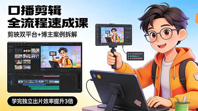 口播剪辑全流程速成课,剪映双平台+博主案例拆解,学完独立出片效率提升3倍-九零网创
