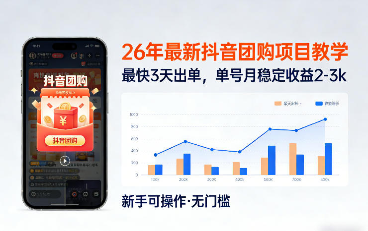 26年最新抖音团购项目教学，0门槛，最快3天出单，单号月稳定收益2-3k-九零网创