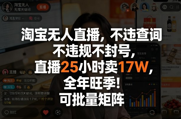 淘宝无人直播，不违规不封号，直播25小时卖17W，全年旺季！可批量矩阵【揭秘】-九零网创