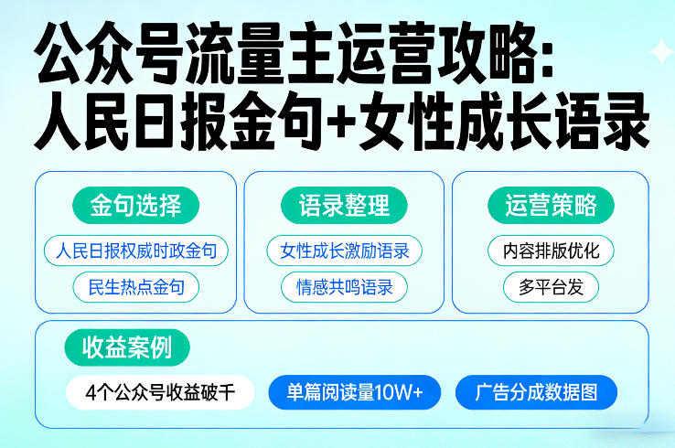 利用人民日报金句+女性成长语录做公众号流量主，4个公众号收益破千-九零网创