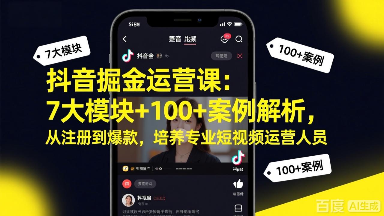 抖音掘金运营课：7大模块+100+案例解析，从注册到爆款，培养专业短视频运营人员-九零网创