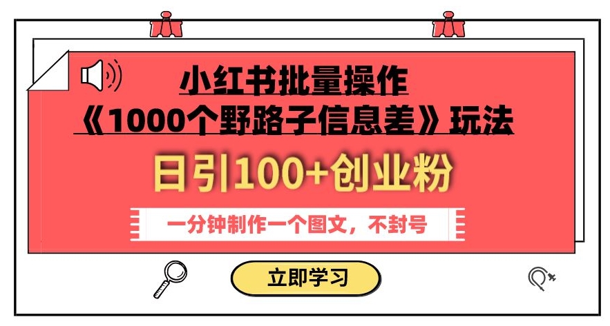 小红书批量操作《1000个野路子信息差》玩法，一分钟制作一个图文，不封号，日引100+创业粉-九零网创