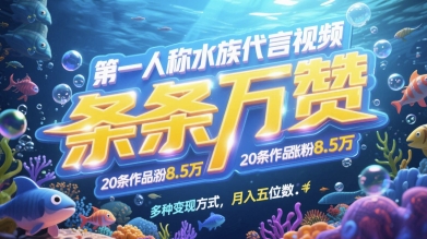 第一人称水族代言视频，条条万赞，20条作品涨粉7.8W，多种变现方式月入五位数-秦汉日记