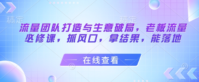 流量团队打造与生意破局，老板流量必修课，抓风口，拿结果，能落地-秦汉日记