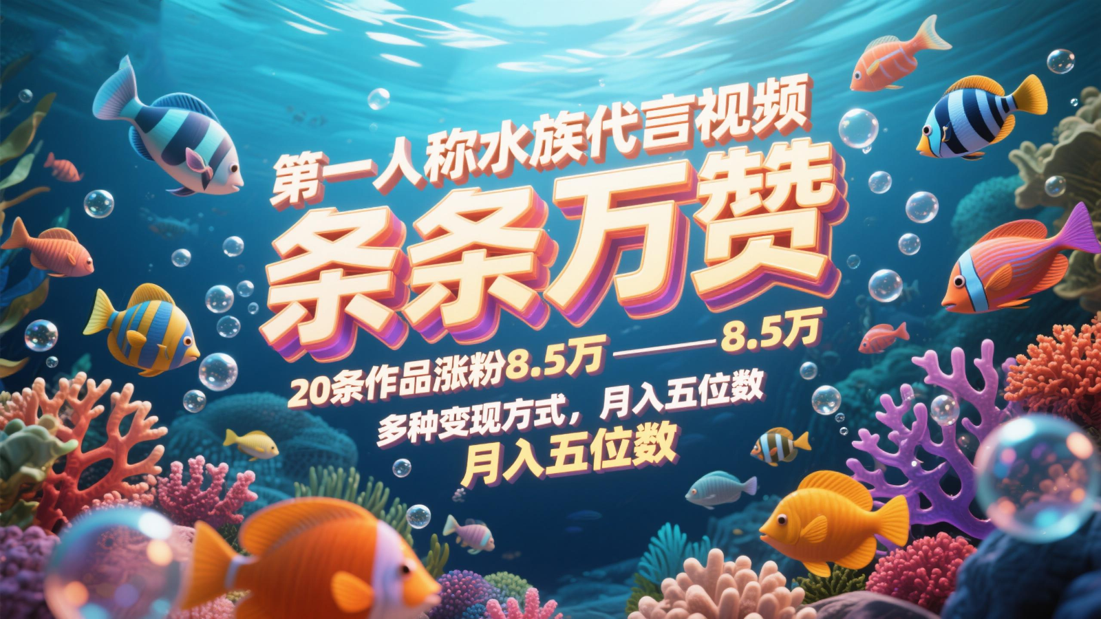 第一人称水族代言视频，条条万赞，20条作品涨粉8.5万，多种变现方式月，入五位数-秦汉日记
